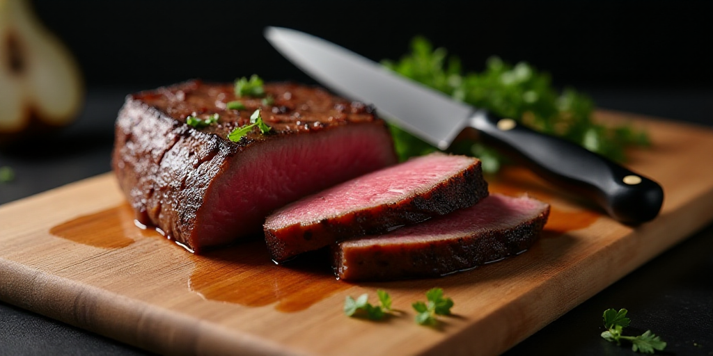 a steak is cut into pieces on a cutting board with a knife and a knife rest on the cutting board, Ch