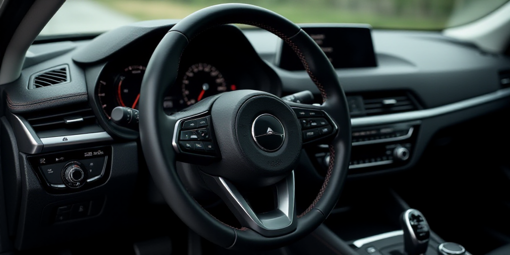 a steering wheel of a car with a black leather steering wheel cover and a black dashboard with a bla