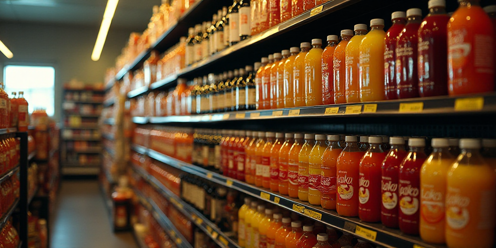 a store filled with lots of bottles of juice and drinks on shelves next to each other in a store, Do