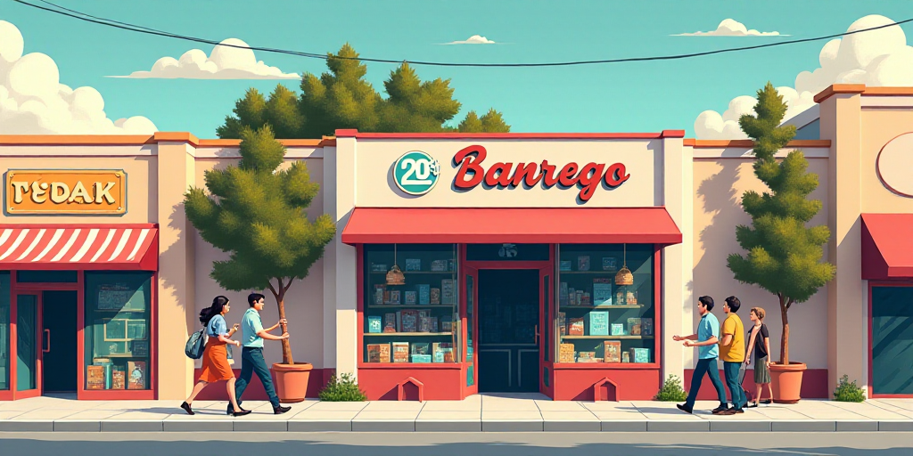 a store front with a sign that says banrego on it's side and people walking by, Carlos Berlanga, beh
