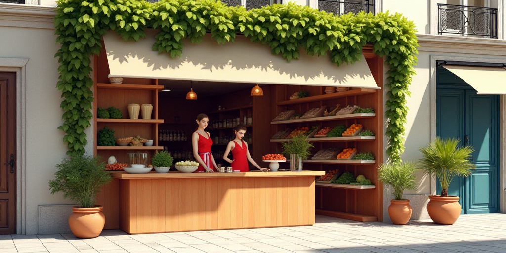 a store front with a sign that says nutrisa on it's side and a woman in a red dress behind the count