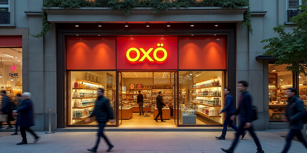 a store front with people walking in front of it and a sign that says oxo on the front, Aquirax Uno,