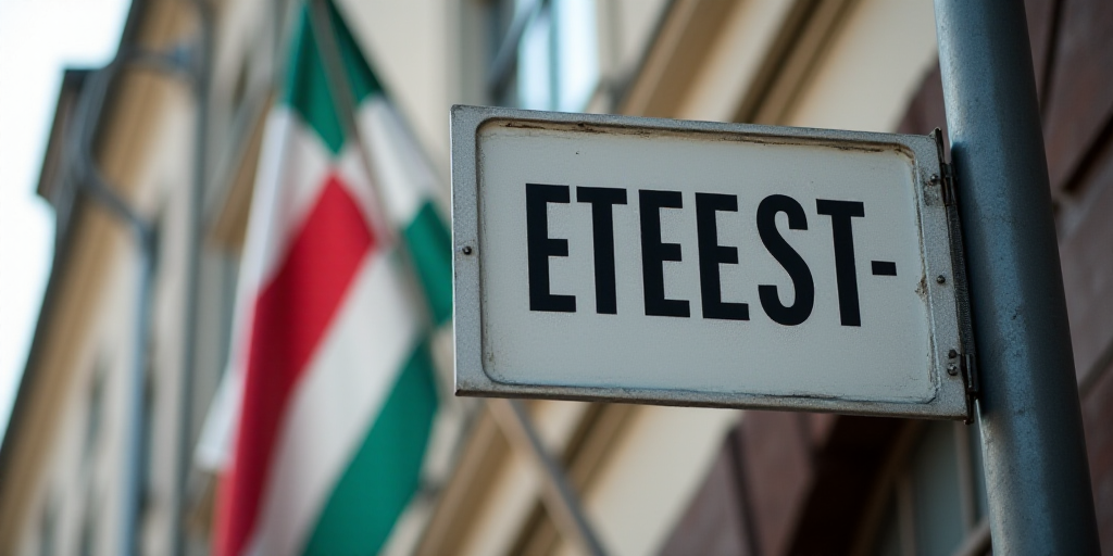 a street sign on a pole with a building in the background and a flag hanging on the wall street sign