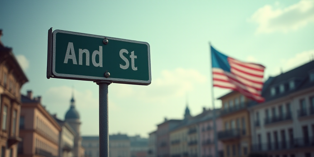 a street sign on a pole with a flag in the background of a building and a flag in the background, An