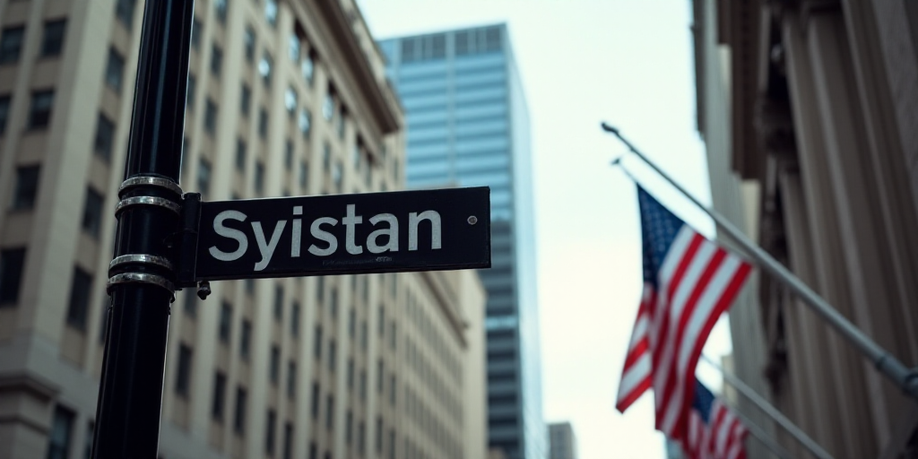 a street sign with a building in the background and american flags in the background, in a city with