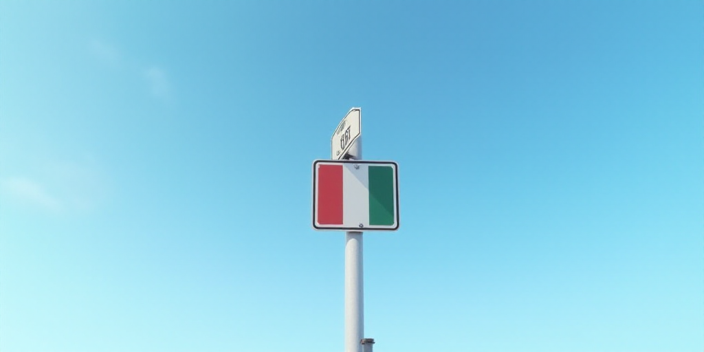 a street sign with two flags on it and a sky background in the background is a blue sky and a white