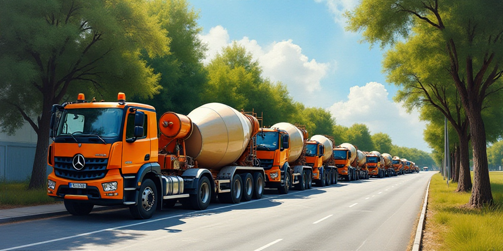 a street with a bunch of cement trucks parked on the side of the road and trees in the background, C
