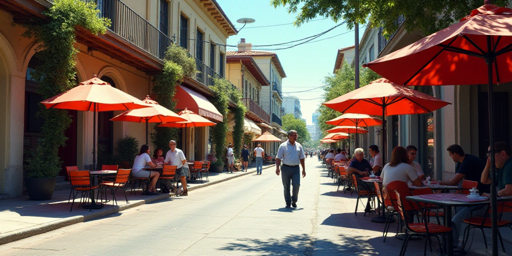 a street with tables and chairs and umbrellas on the side of it and people walking by the sidewalk,