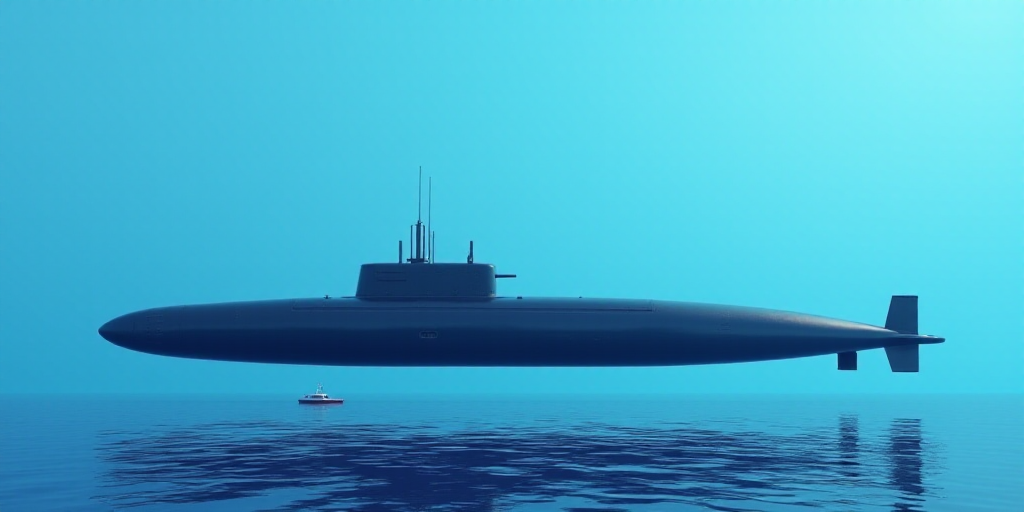 a submarine floating in the ocean with a blue background and a light blue background with a small bo