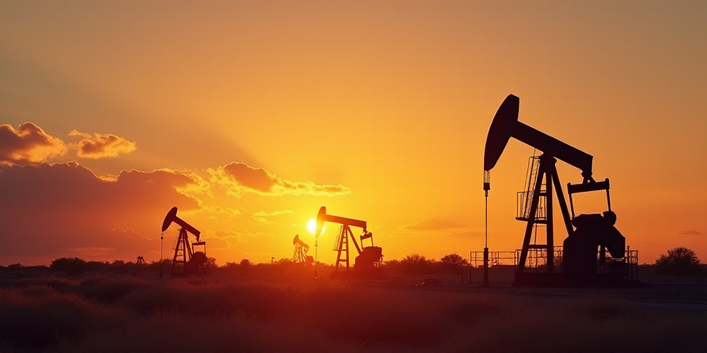 a sunset view of oil pumps in the desert with a sky background and clouds in the background, with a