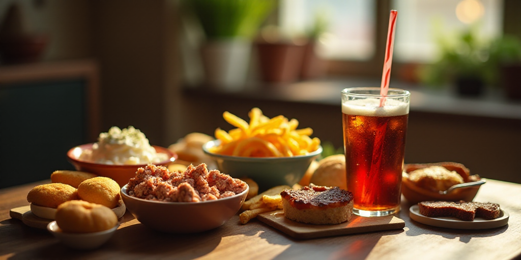 a table topped with lots of different foods and snacks next to a cup of soda and a bowl of chips, An