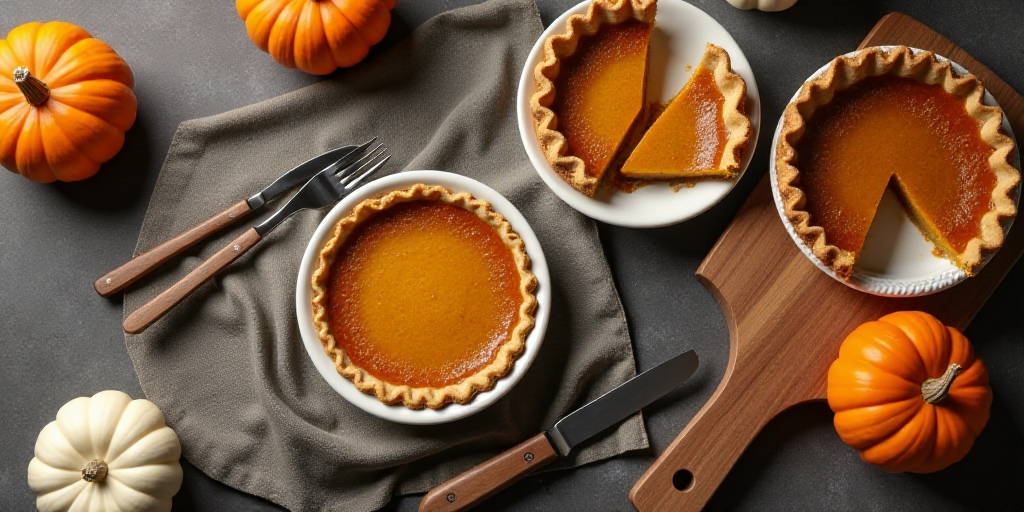a table topped with plates of pie and pumpkins and a knife and fork next to a pie on a cutting board