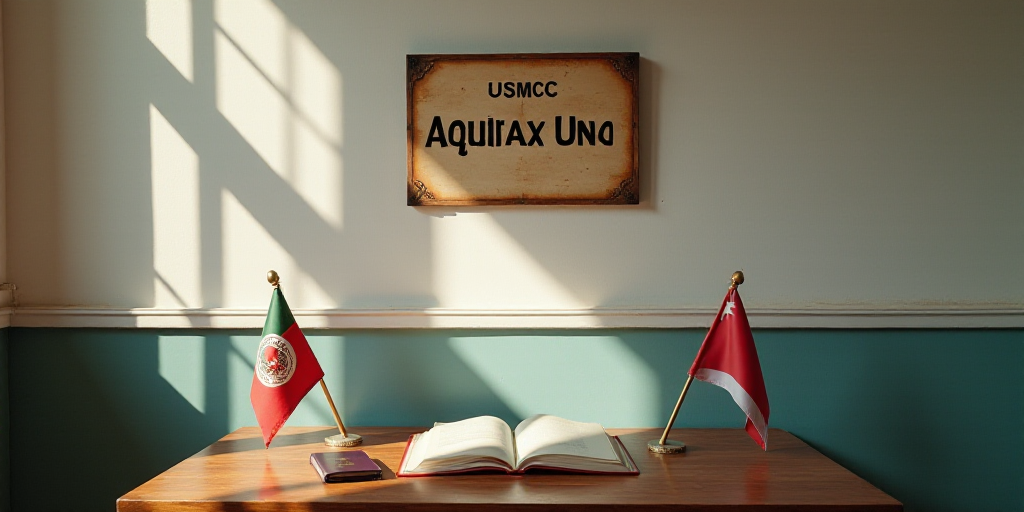 a table with a book, passport, and flags on it and a wall with a sign that says usmcc, Aquirax Uno,