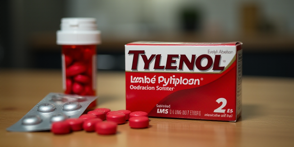 a table with two boxes of tylenol and a red pill bottle on it and some red pills, Evelyn Abelson, pr