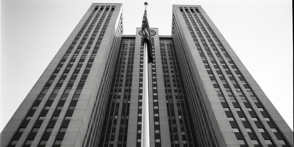 a tall building with a clock on the front of it and a flag on the side of it in front of a flagpole,
