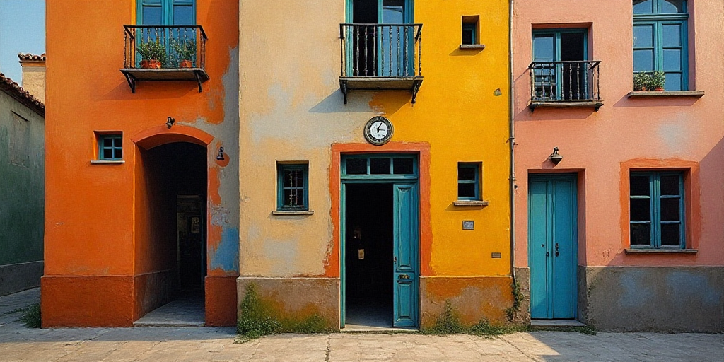 a tall building with a clock on the front of it's door and windows on the second floor, Diego Rivera