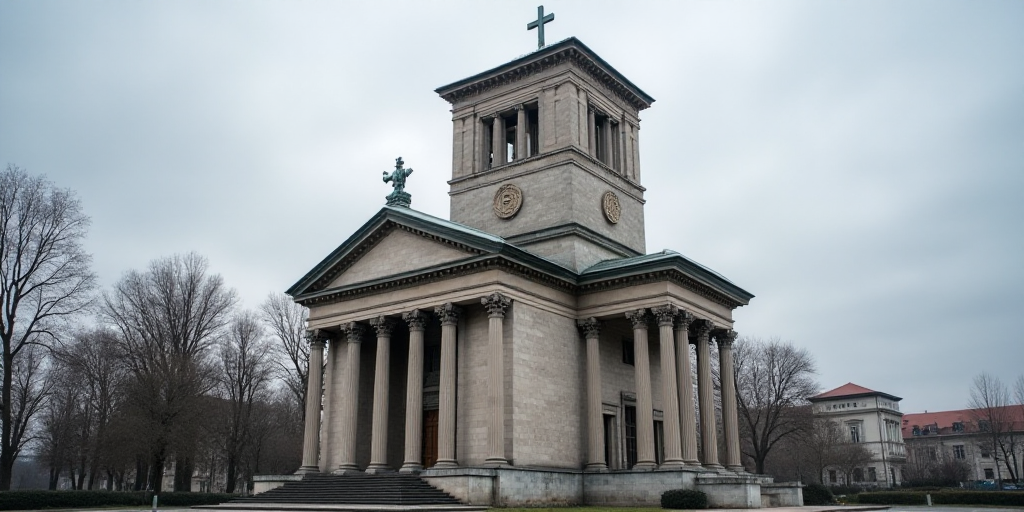 a tall building with a cross on top of it and a sign in front of it that says european central bank,