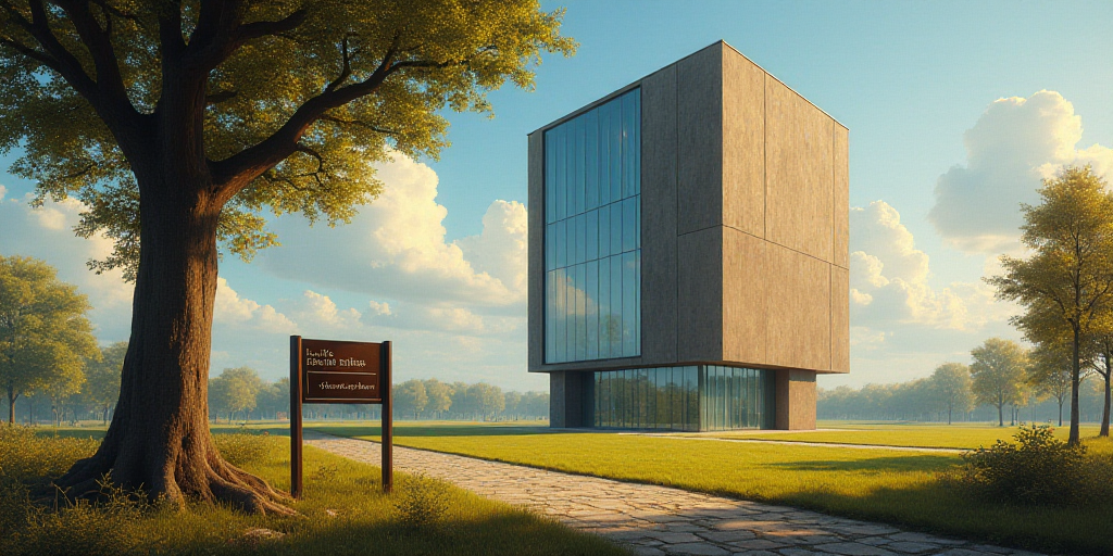 a tall building with a glass front and a sky background with a tree in the foreground and a sign in