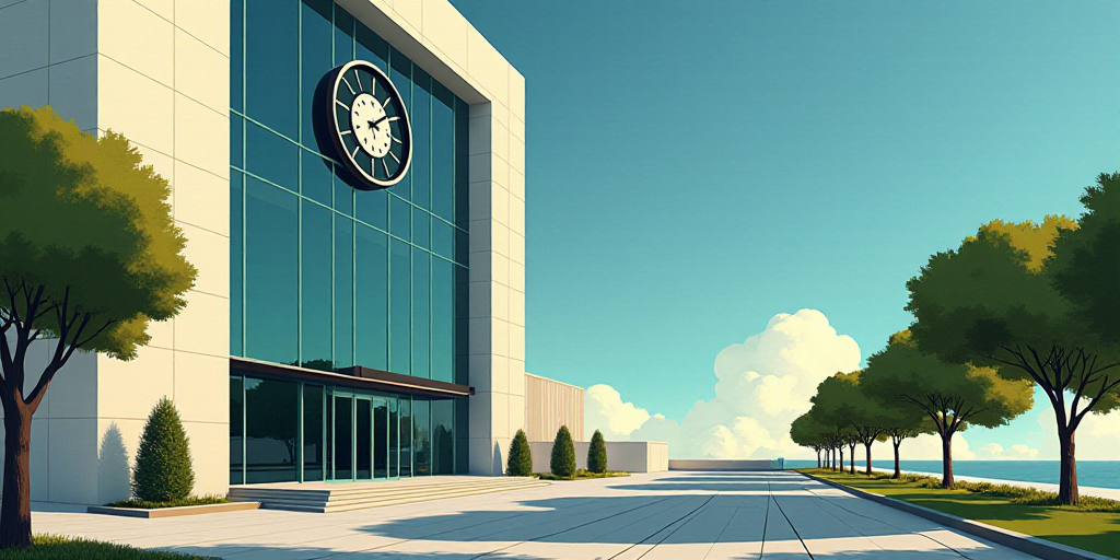 a tall building with a glass front and a clock on the front of it's face and a tree in front of it,