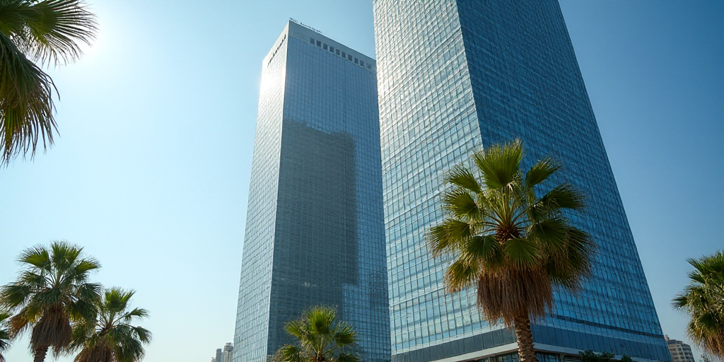 a tall building with a lot of windows and palm trees in front of it and a sky scraper, Andries Stock