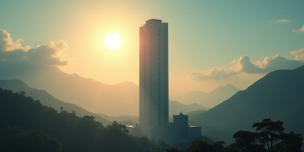a tall building with a sun in the background and a few clouds in the sky above it and a mountain in