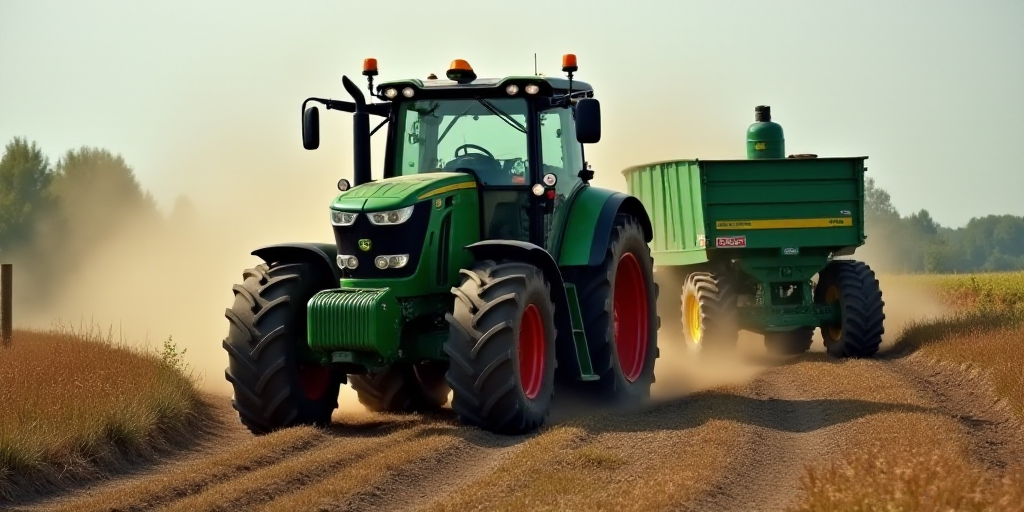 a tractor is driving down a dirt road with a green machine behind it and a green pipe in the backgro