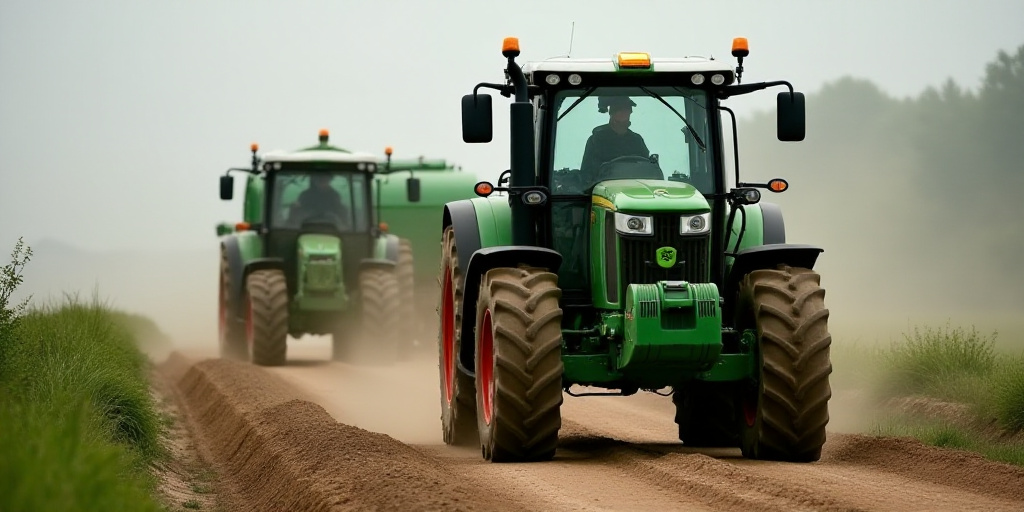 a tractor is driving down a dirt road with a green machine behind it and a green pipe in the backgro