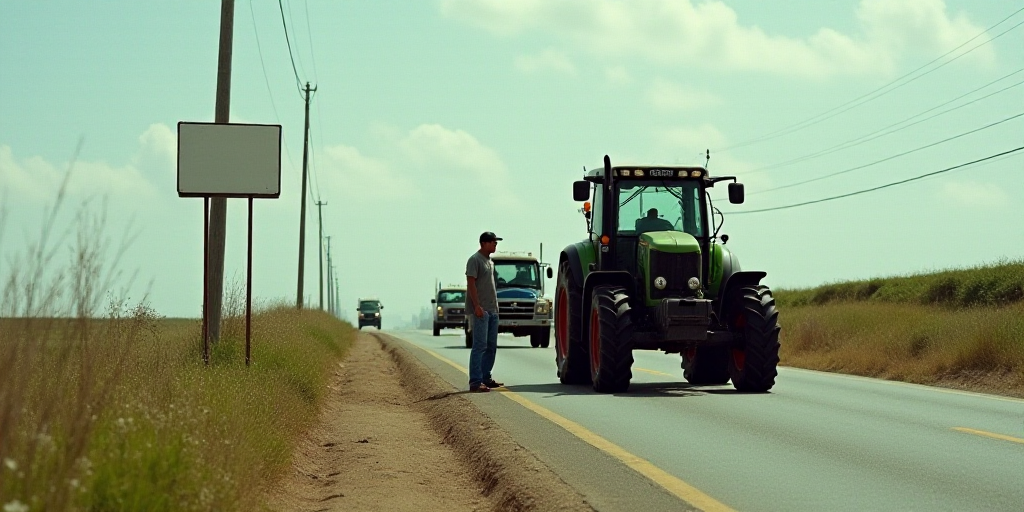 a tractor pulling a sign on the side of a road with other vehicles behind it and a man standing on t