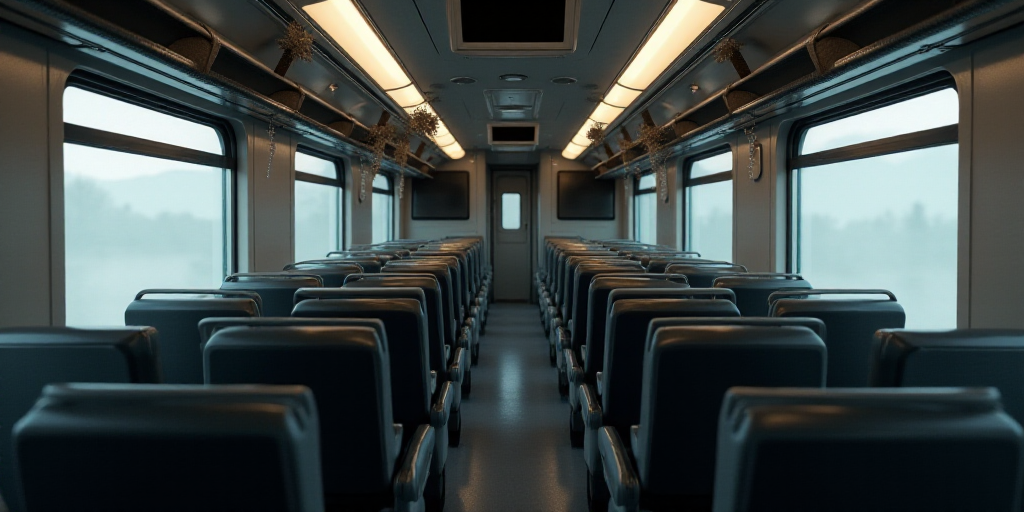 a train car with rows of empty seats and a flat screen tv mounted to the wall above the windows, Art