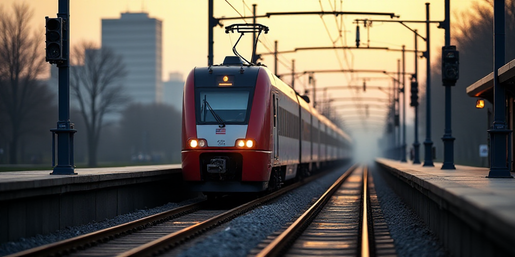 a train is coming down the tracks at a station in the city of a city, with power lines overhead, Fra