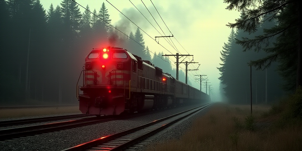 a train is traveling down the tracks near a forest and power lines in the distance, with a red light