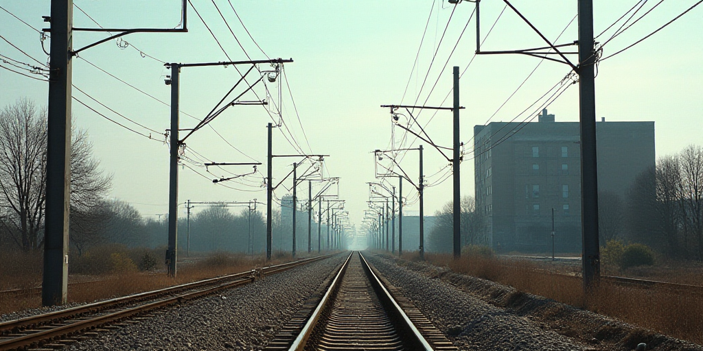 a train track with many wires and poles above it and a building in the background with a sky backgro