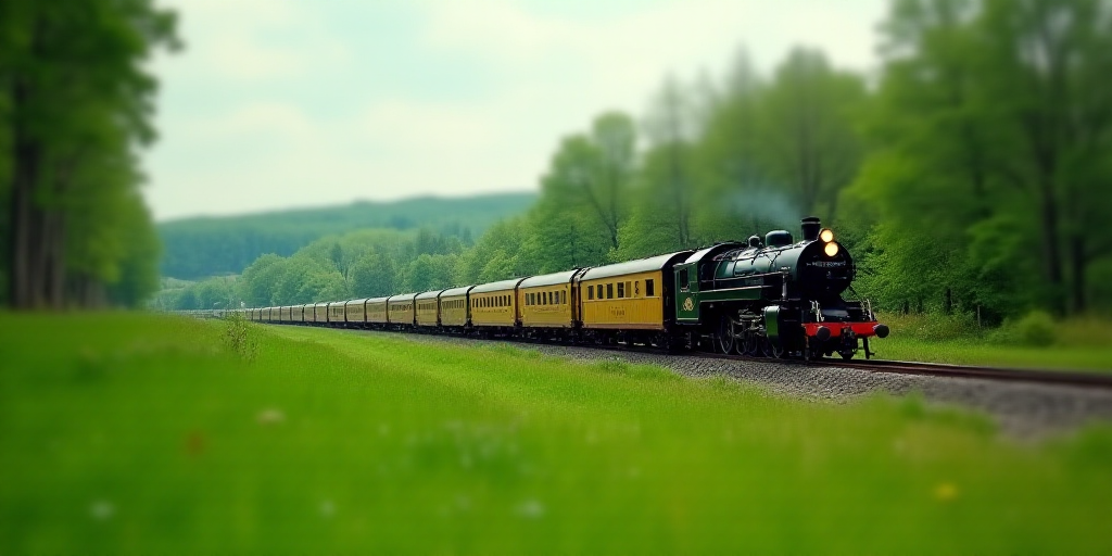 a train traveling down tracks next to a lush green field and a lush green field with trees on both s