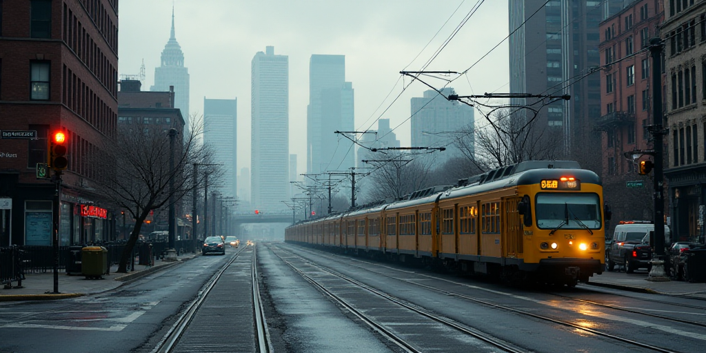 a train traveling through a city next to tall buildings and traffic lights on a cloudy day with a vi
