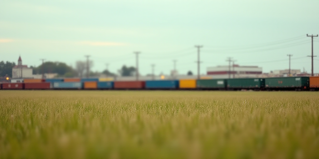 a train yard with a lot of trucks and buildings in the background and a large field of grass in the