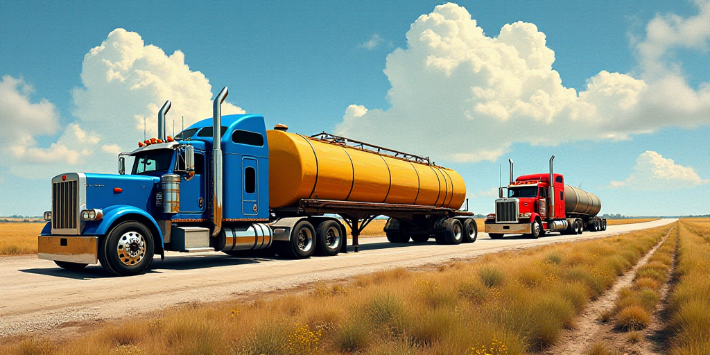 a truck driving down a dirt road next to a tractor trailer and a tractor trailer with a tank on it,