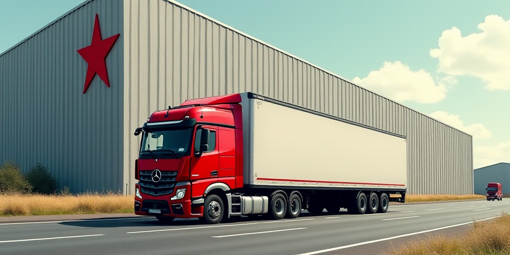 a truck driving down a street past a large building with a red star on the side of it's side, Cornel
