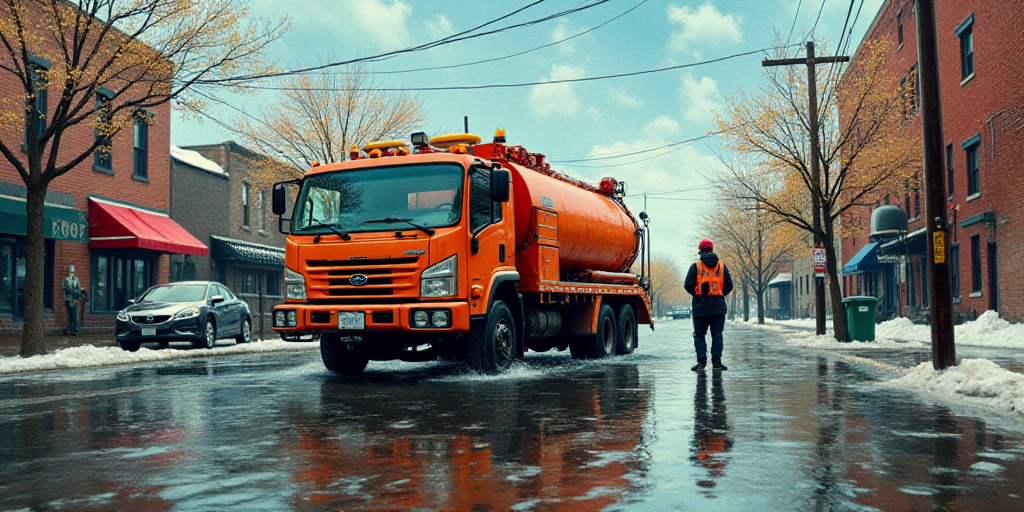 a truck is parked in a flooded street with a hose attached to it's back end and a man standing next