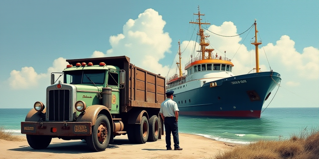 a truck is parked next to a large boat in the water and a man in uniform is standing next to it, Car