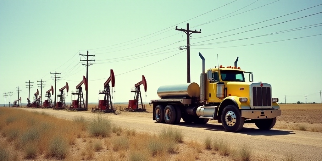 a truck parked in front of a row of oil pumps on a dirt road next to a field of power lines, Elbridg