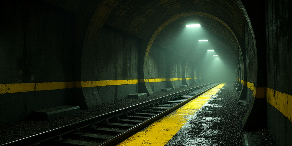 a tunnel with a yellow line going through it and a yellow rail going through it and a yellow rail go