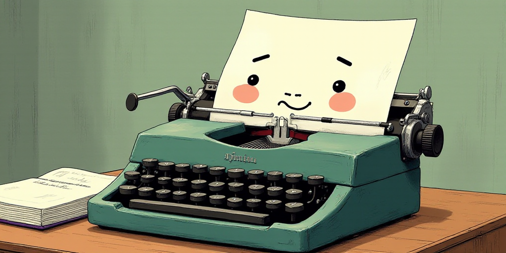a typewriter with a face drawn on it and a caption for the words opinion and a question, Edward Otho