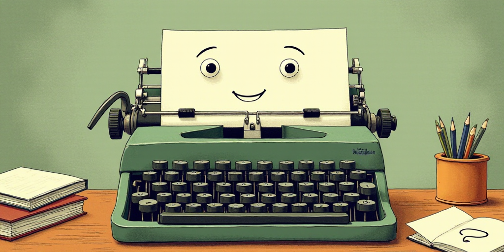 a typewriter with a face drawn on it and a caption for the words opinion and a question, Edward Otho
