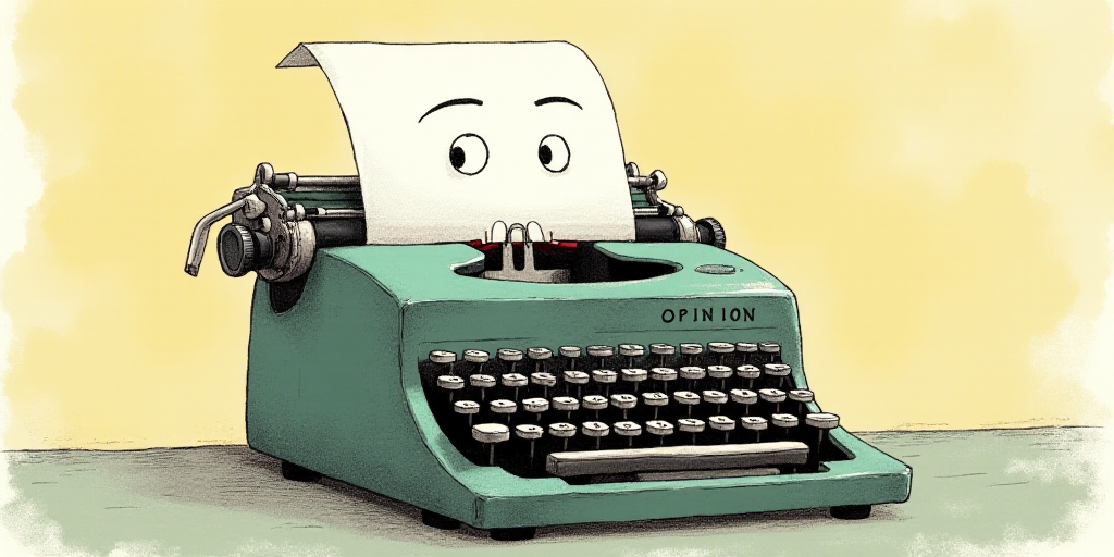 a typewriter with a face drawn on it and a caption for the words opinion and a question, Edward Otho
