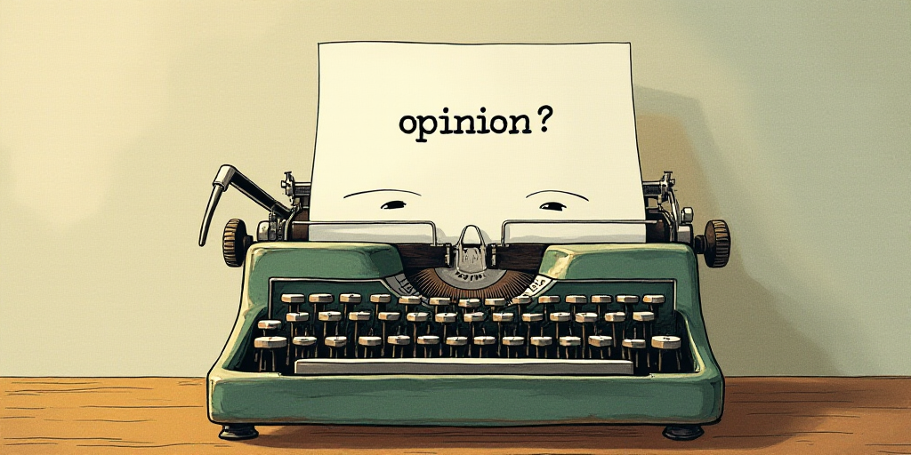 a typewriter with a face drawn on it and a caption for the words opinion and a question, Edward Otho