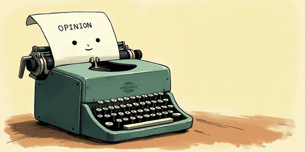 a typewriter with a face drawn on it and a caption for the words opinion and a question, Edward Otho