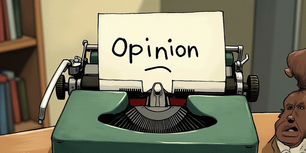 a typewriter with a face drawn on it and a caption for the words opinion and a question, Edward Otho