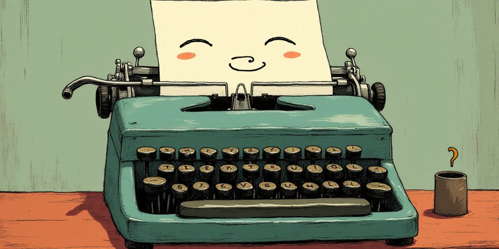 a typewriter with a face drawn on it and a caption for the words opinion and a question, Edward Otho