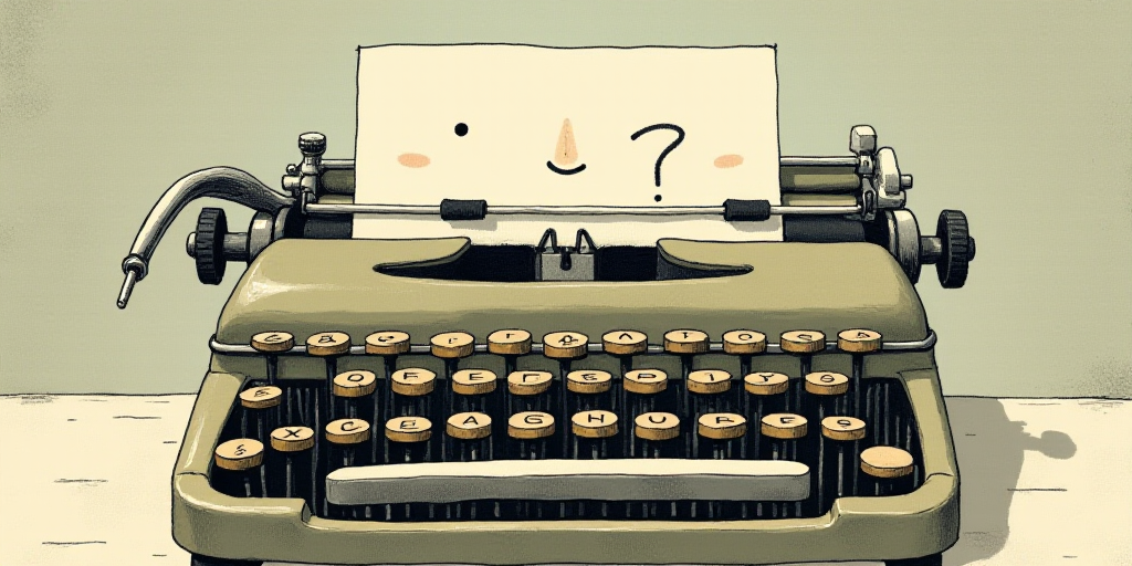 a typewriter with a face drawn on it and a caption for the words opinion and a question, Edward Otho