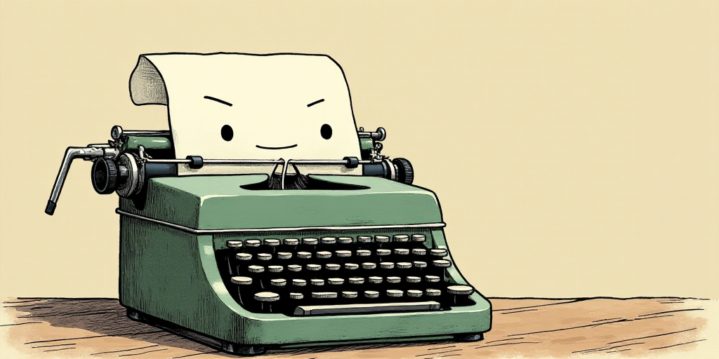 a typewriter with a face drawn on it and a caption for the words opinion and a question, Edward Otho